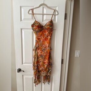 Sue Wong Orange Floral Spaghetti Strap Dress Size 6